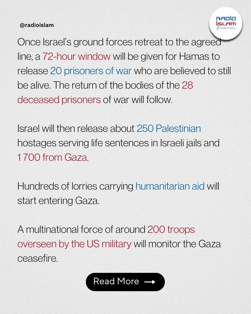 radioislam's tweet image. A negotiated, multiphased ceasefire has been agreed upon.

The deal’s three phases map out immediate pauses, further exchanges and long-term reconstruction.

Swipe to see what has happened since the announcement and what the next steps will be. 

#Gaza #Ceasefire #HostageDeal