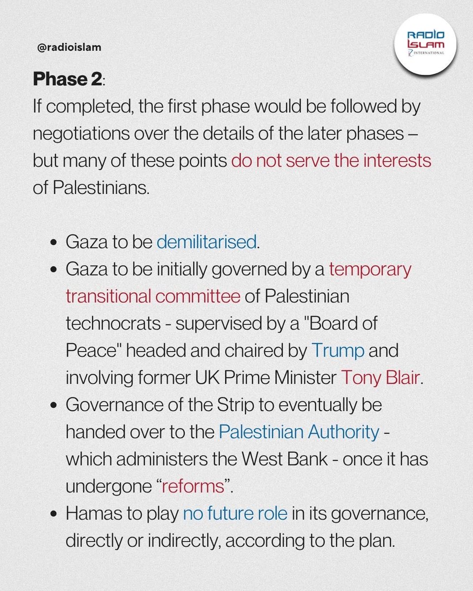 radioislam's tweet image. A negotiated, multiphased ceasefire has been agreed upon.

The deal’s three phases map out immediate pauses, further exchanges and long-term reconstruction.

Swipe to see what has happened since the announcement and what the next steps will be. 

#Gaza #Ceasefire #HostageDeal