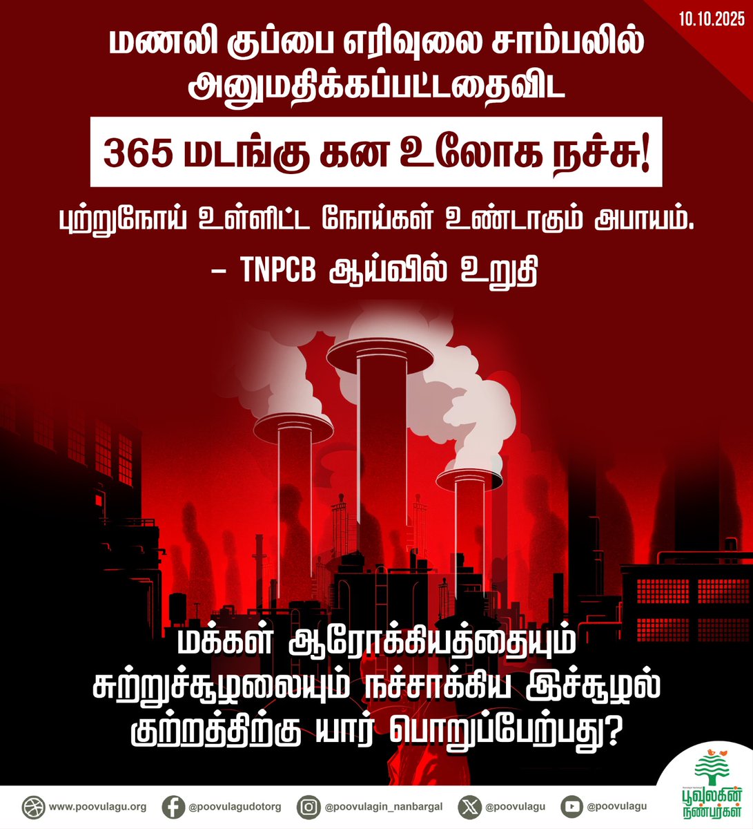 poovulagu's tweet image. மணலி குப்பை எரிவுலை சாம்பலில்  அனுமதிக்கப்பட்டதைவிட 365 மடங்கு கன உலோக நச்சு!

#incinerator #manali #heavymetaltoxicity #environmentalcrime #peopleshealth #Poovulaginnanbargal