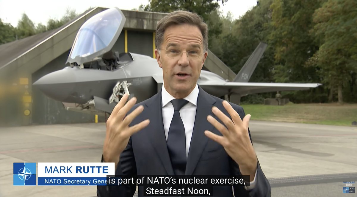 1/n - An upbeat NATO Secretary General in front of a Dutch F-35A at Volkel Air Base announced that NATO will hold its annual Steadfast Noon tac nuke exercise next week.  youtube.com/watch?v=wjrCE1…