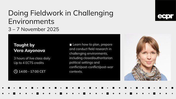 ECPR's tweet image. Master the skills to to conduct field research in closed, conflict &amp;amp; post-war environments

⭐ Signature course: Doing Fieldwork in Challenging Environments 
📆 3–7 Nov
👩‍🏫 @AxyonVera
⏰ Register by 20 Oct bit.ly/3IMq94X

💰 #ECPRMemberPerks: member affiliates get 50% off
