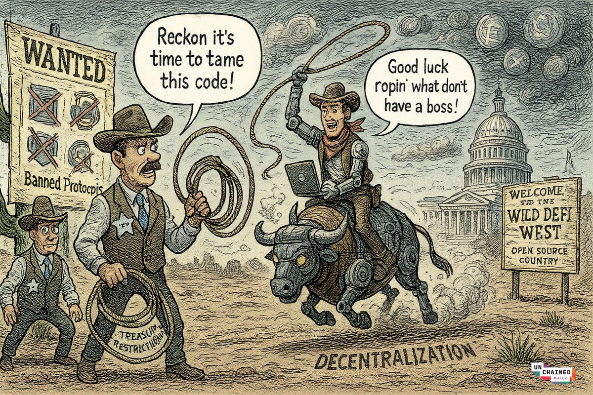 Cartoon illustration of decentralization in the Wild West of crypto, featuring regulators trying to tame a robotic bull