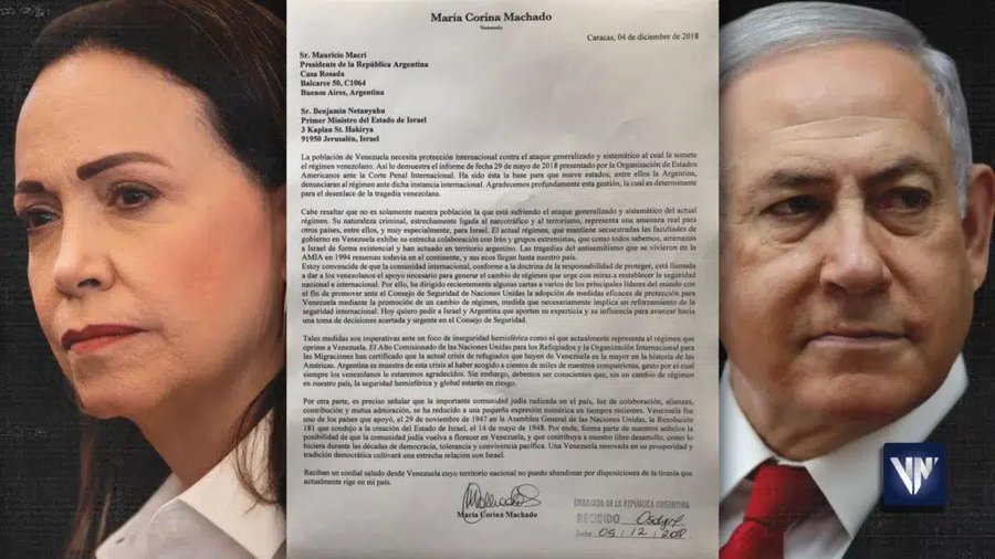 A formal letter in Spanish dated December 2018 addressed to Benjamin Netanyahu from Maria Corina Machado, discussing Venezuelan issues and signed by her, appears alongside a side-by-side portrait of Maria Corina Machado in professional attire looking serious and Benjamin Netanyahu in a suit with a stern expression, with a watermark in the corner.