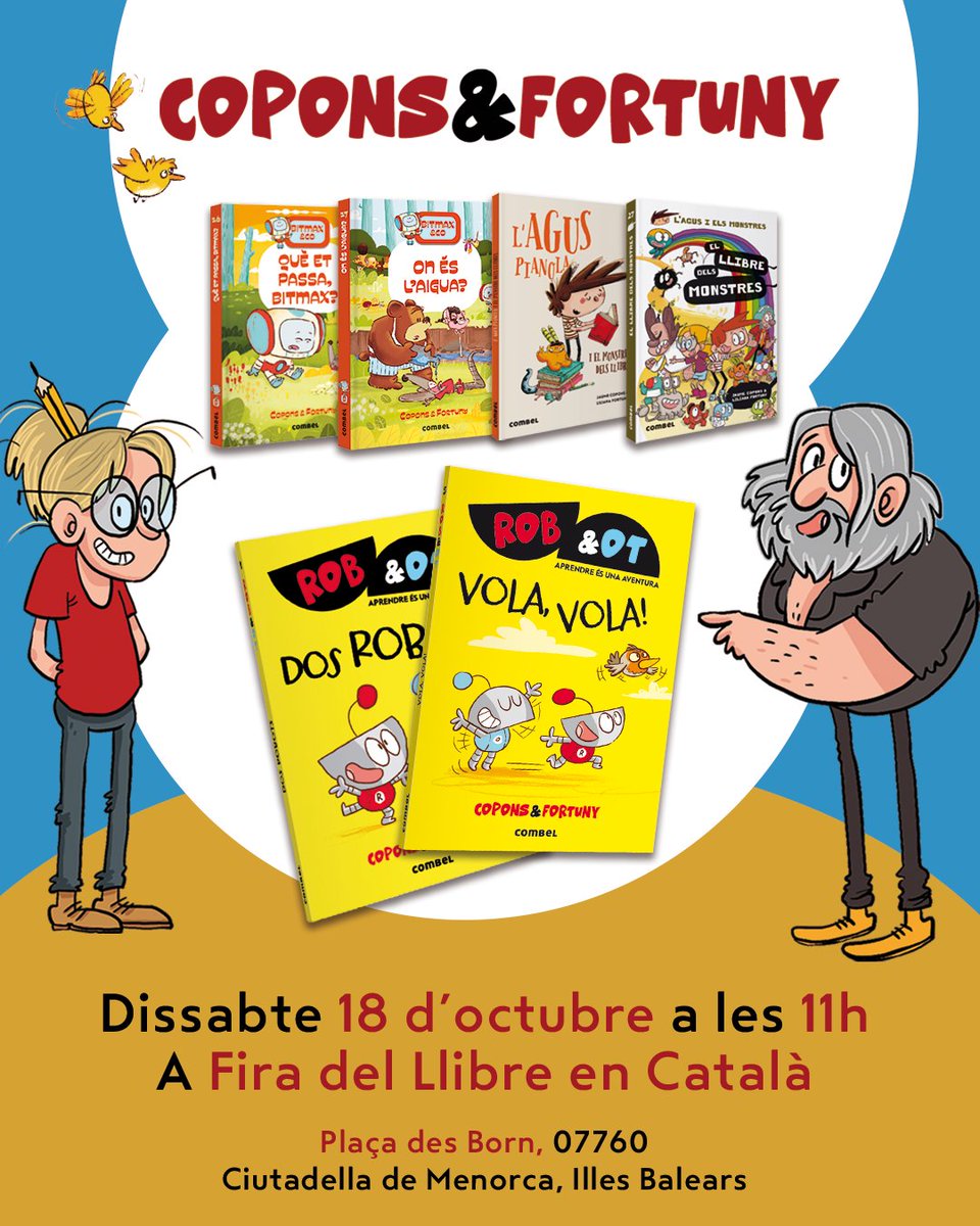 📢Això és demà! No us ho podeu predre!
Atenció! <a href="/jaumecopons/">Jaume Copons</a> i <a href="/lilianafortuny/">liliana fortuny</a> visiten la Fira del Llibre en Català de Menorca!
🗓️18 d'octubre
⏰11 h
📍Plaça des Born. Ciutadella
fb.me/e/5aeQrifNs
#CombelEditorial
#Agusandmonsters
#Bitmaxandco
#RobandOt