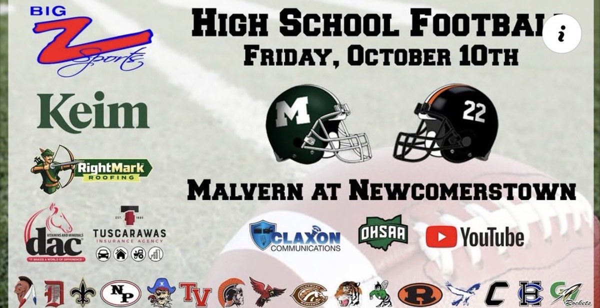 Week 8 is here and we kick things off a little after 5 with the TMK Valley Propane BIG Z Sports show. Then an <a href="/inter_valley/">InterValleyConference</a> North matchup is on tap as <a href="/NEWCOMERSTOWN/">NEWCOMERSTOWN</a> hosts <a href="/MalvernFBall/">Malvern Football</a>. 

📺- youtube.com/live/ER5Wj_wr9…

<a href="/NewcomerstownH/">Newcomerstown High</a> <a href="/brownlocal/">Brown Local</a> <a href="/IvcFan/">IVCFan</a>