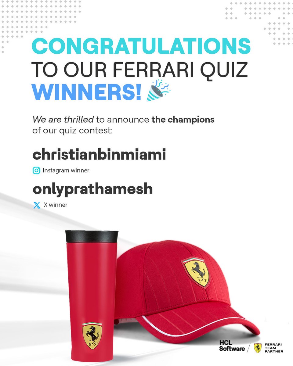 HCLSoftware's tweet image. Our Ferrari Quiz winners are here! 🏁
@onlyprathamesh
@christianbinmiami on Instagram
Thanks for playing, see you at the next one!
#Ferrari #HCLSoftware #F1 #QuizWinners