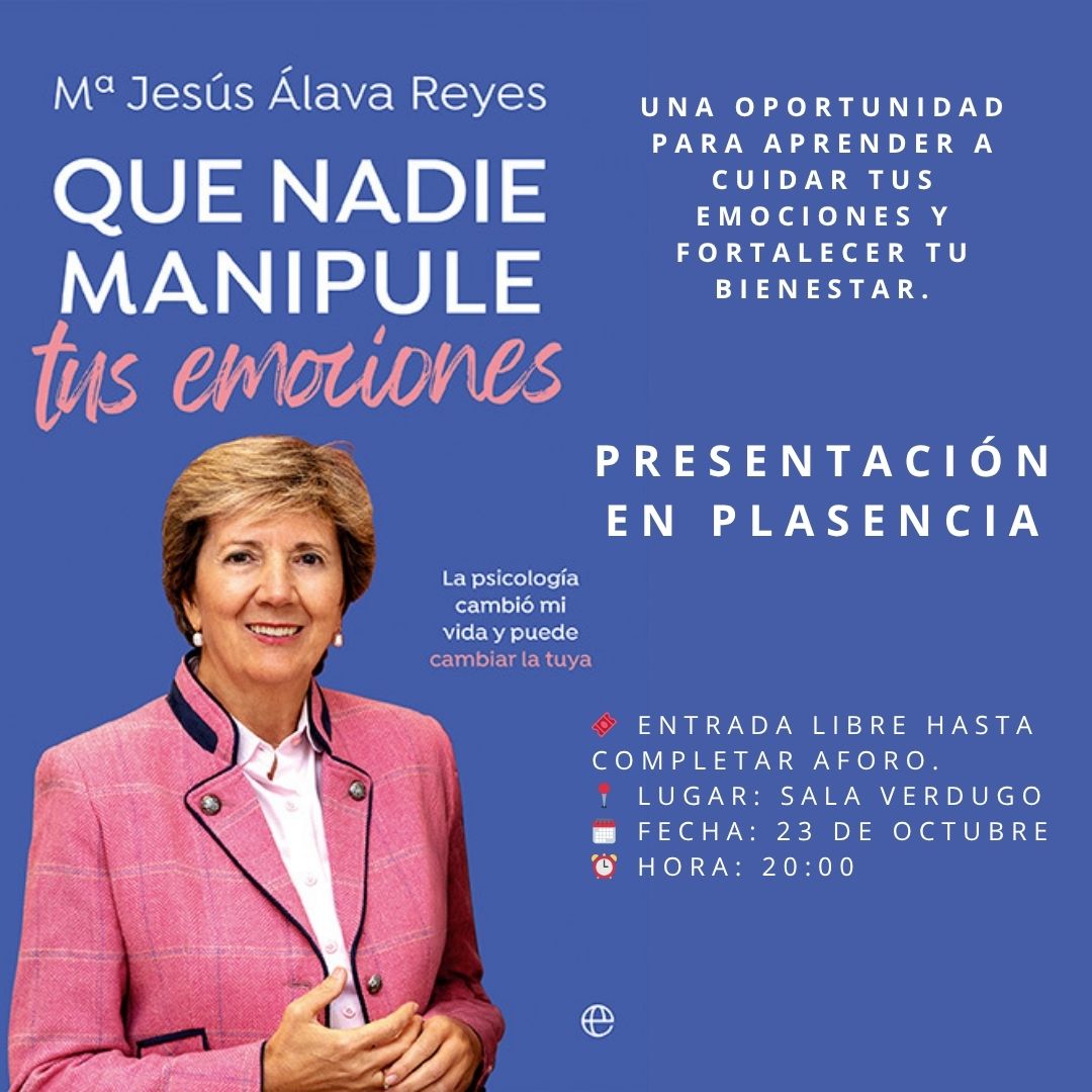 Un encuentro único para descubrir herramientas prácticas que nos ayuden a gestionar nuestras emociones y proteger nuestro bienestar.
🎟️ Entrada libre hasta completar aforo.
📍 Lugar: Sala Verdugo, Plasencia
🗓️ Fecha: 23 de octubre de 2025
⏰ Hora: 20:00
<a href="/mjalavareyes/">Mª Jesús Álava Reyes</a>