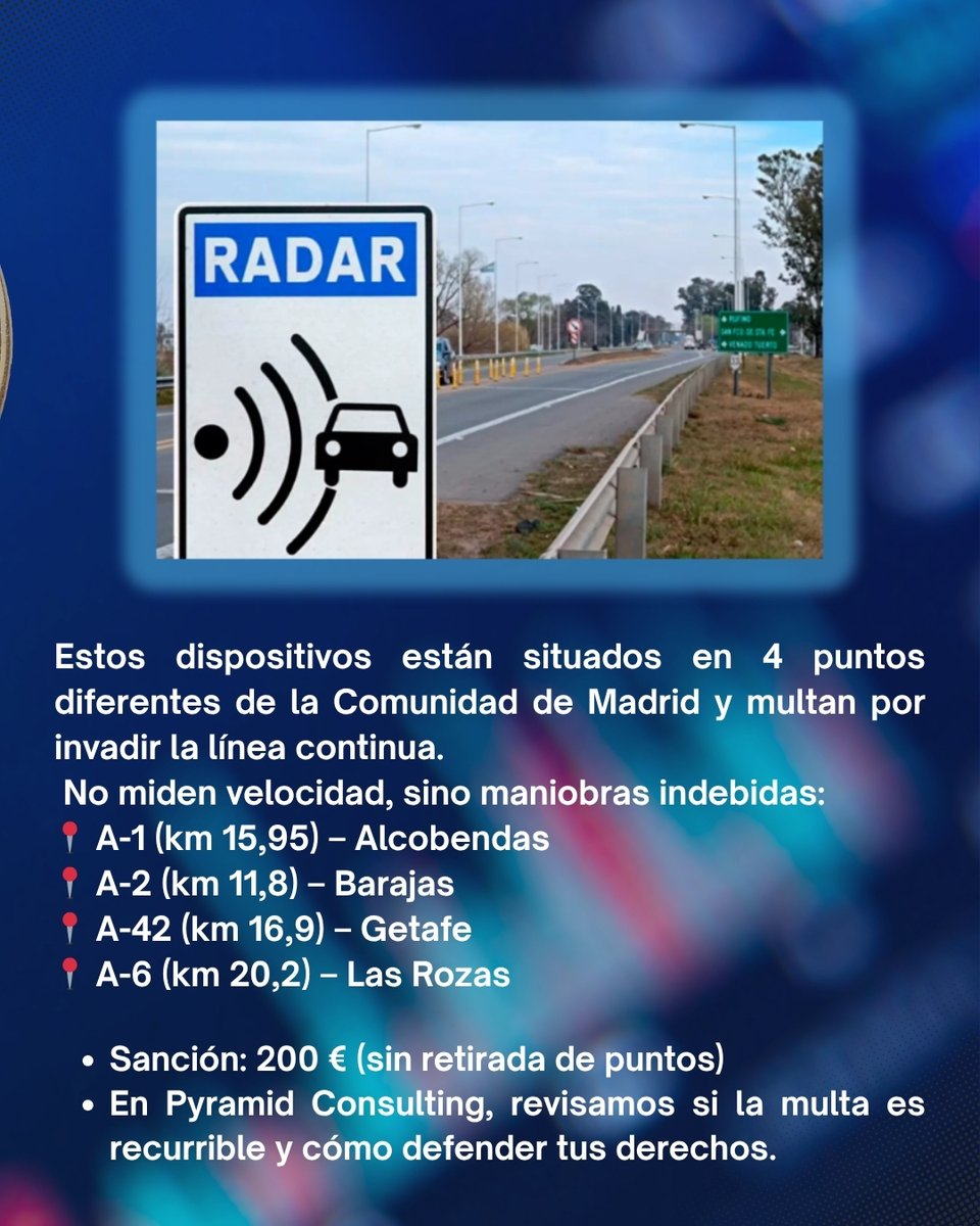 PyramidMultas's tweet image. 🚨 Nuevos radares en Madrid multan por pisar la línea continua.
📍 A-1 Alcobendas · A-2 Barajas · A-42 Getafe · A-6 Las Rozas
💶 200 € (sin puntos)
💡 Algunas multas pueden recurrirse.
😬 ¿Qué os parece esta nueva medida de la DGT?
#RadaresMadrid #MultasDGT #RecurrirMulta
