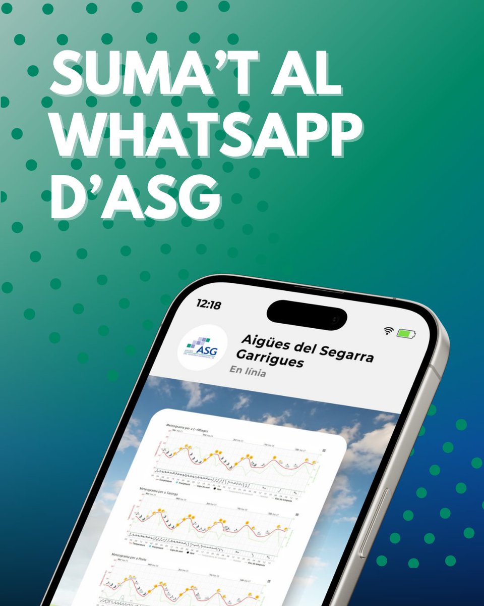 Aigües Segarra Garrigues (@asg_sa) on Twitter photo 📣 Vols conèixer tota la informació actualitzada, avisos i notícies periòdiques? Apunta't al nostre #WhatsApp 📲
1. Guarda el número 648 522 333 als teus contactes.
2. Envia la paraula "alta".
👉🏻 wa.me/qr/ZHIKNRZTKWC…
#ASG #Noticies #Catalunya #Lleida 📣 Vols conèixer tota la informació actualitzada, avisos i notícies periòdiques? Apunta't al nostre #WhatsApp 📲
1. Guarda el número 648 522 333 als teus contactes.
2. Envia la paraula "alta".
👉🏻 wa.me/qr/ZHIKNRZTKWC…
#ASG #Noticies #Catalunya #Lleida