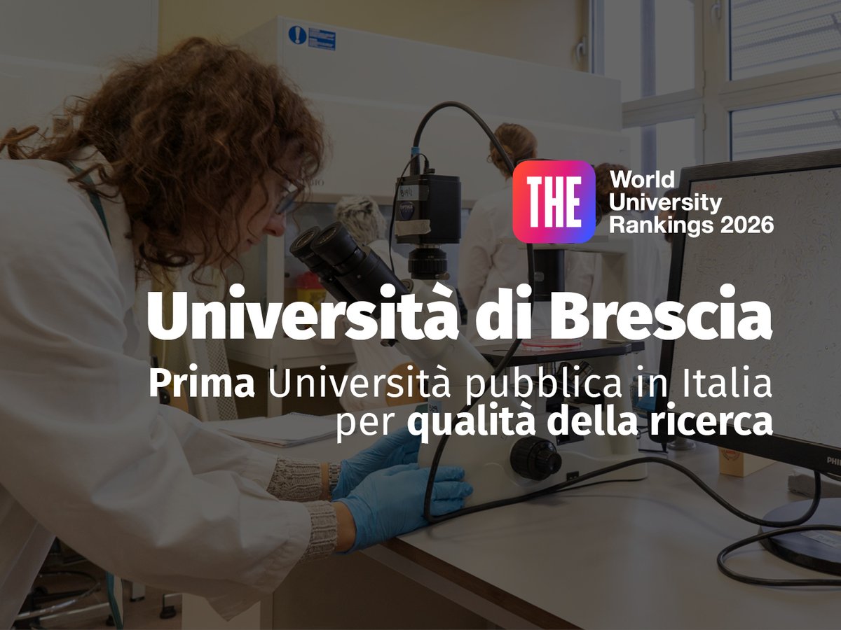 unibs_official's tweet photo. 📢Siamo la 1° Università pubblica in Italia per la qualità della ricerca secondo il prestigioso ranking internazionale THE World University Rankings 2026. Nella fascia 351-400 nella classifica generale a livello globale https://t.co/1DjpDYI8qF

#THEunirankings #unibs https://t.co/kAAwnmKZsE