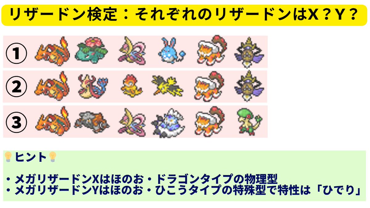 ピヨラジ の中でリザードン検定クイズを出します💡 画像の①②③は6
