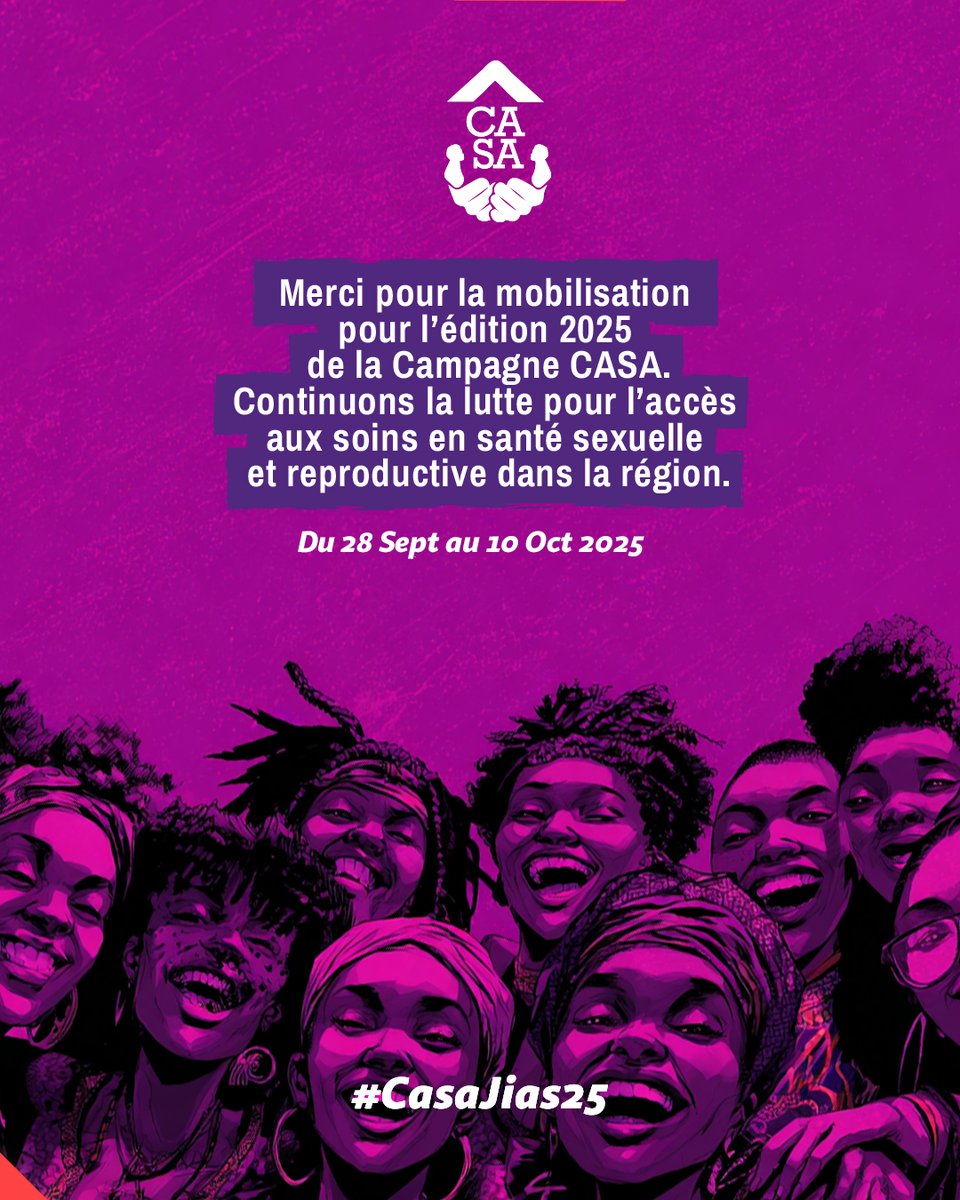 Merci pour la mobilisation pour l’édition 2025 de la Campagne CASA.

Continuons la lutte pour l’accès aux soins en santé sexuelle et reproductive dans la région.

#CasaJias25 #ASHumanitaire #ASencrise #28Septembre #JusticeReproductive #Billi229 #IAmBrave