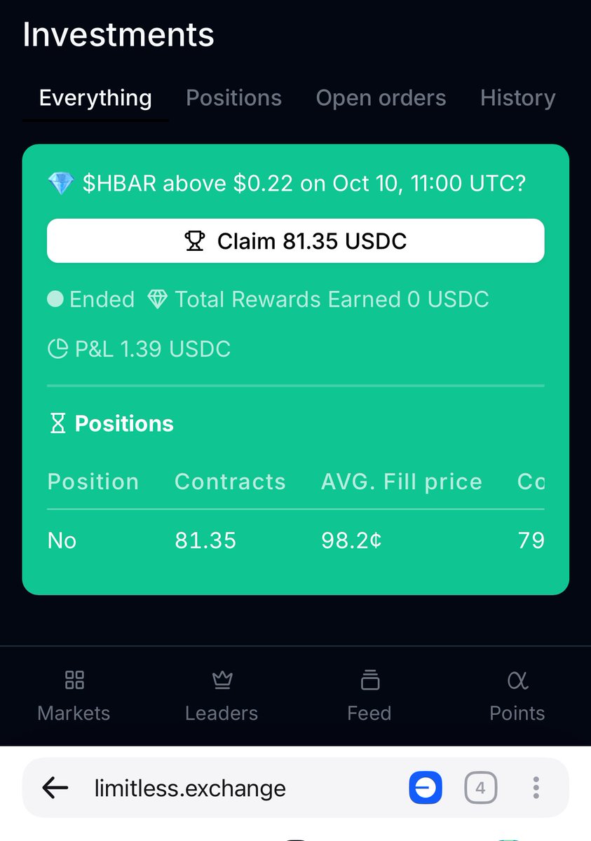 onchain_martinz's tweet image. 𝐃𝐚𝐲 𝟐 𝐨𝐟 𝐪𝐮𝐚𝐜𝐤𝐢𝐧𝐠 𝐚𝐛𝐨𝐮𝐭 𝐋𝐢𝐦𝐢𝐭𝐥𝐞𝐬𝐬 𝐮𝐧𝐭𝐢𝐥 𝐓𝐆𝐄

It’s been about 2 weeks since I started trading on Limitless, and I think I finally get how to stay profitable, or at least, how not to lose.

One thing I’ve noticed: the more I try to chase profits,…