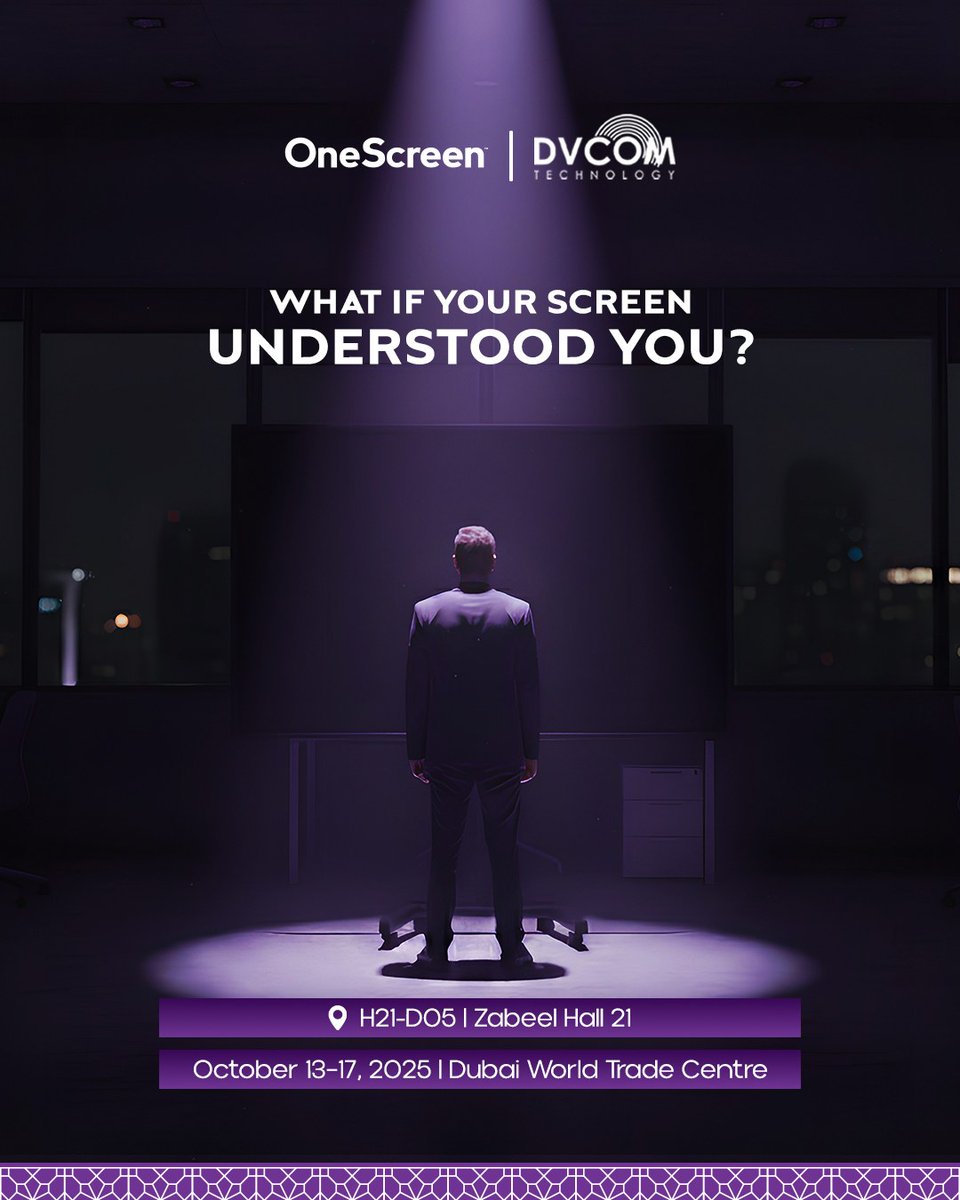 OneScreen_MEA's tweet image. What if your screen understood you?

Stay tuned for what’s next.

📍 Booth H21-D05 | Zabeel Hall 21
📅 October 13–17, 2025 | Dubai World Trade Centre

#OneScreen #GITEX2025 #SmarterSpaces #NextIsNow #CollaborationReimagined