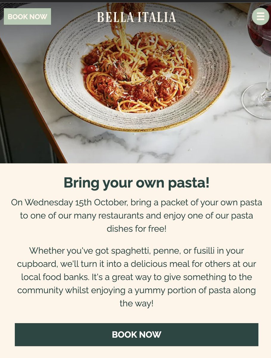 🍝 Next Wednesday (15th October), you'll be able to go into a Bella Italia with a dry packet of Pasta and swap it for a FREE main! 

bellaitalia.co.uk/bring-your-own…