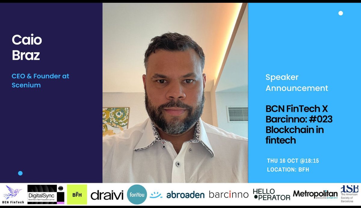 cbscenium's tweet image. See you in Barcelona, I’ll be pitching Scenium’s vision on the startup competition and gladly join the BCN Fintech panel to talk Blockchain and Fintech.