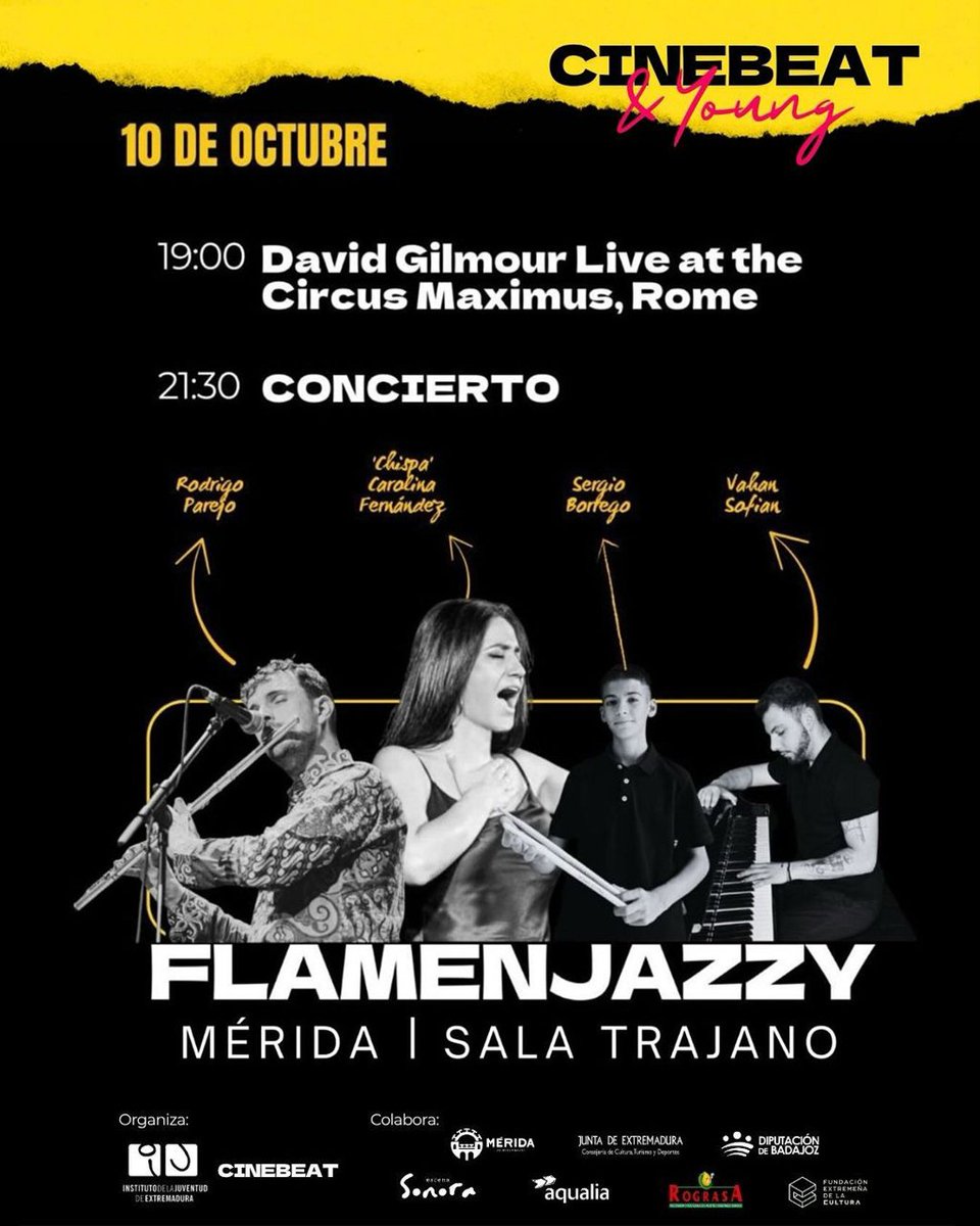 Turismo Mérida (@turismo_merida_) on Twitter photo 📽️🎶 Mañana viernes 10 de octubre, a partir de las 19:00h, la Sala Trajano acogerá la primera actividad del <a href="/CineBeatMerida/">CineBeat Mérida</a> que proyectará la película de un concierto de David Gilmour y del concierto del grupo Flamenjazzy formado para la ocasión. Entrada libre <a href="/ayto_merida/">Ayuntamiento de Mérida</a> 📽️🎶 Mañana viernes 10 de octubre, a partir de las 19:00h, la Sala Trajano acogerá la primera actividad del <a href="/CineBeatMerida/">CineBeat Mérida</a> que proyectará la película de un concierto de David Gilmour y del concierto del grupo Flamenjazzy formado para la ocasión. Entrada libre <a href="/ayto_merida/">Ayuntamiento de Mérida</a>