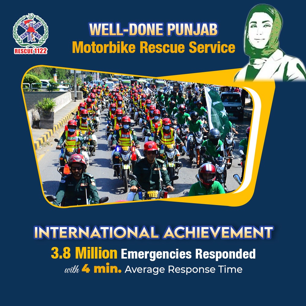 The Punjab Motorbike Rescue Service, an initiative of former Chief Minister Punjab Shahbaz Sharif &amp; continued under the leadership of the current Chief Minister Maryam Nawaz Sharif, has responded to 3.8 million emergencies with an average response time of just 4 minutes in