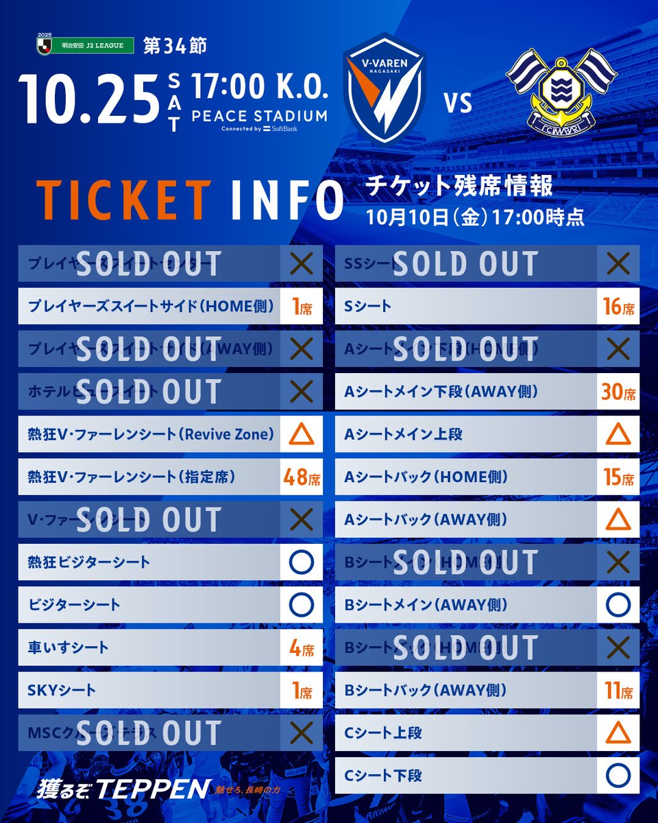 ?10/25今治戦 チケット情報? 【10/10(金)17:00時点 残席情報】 