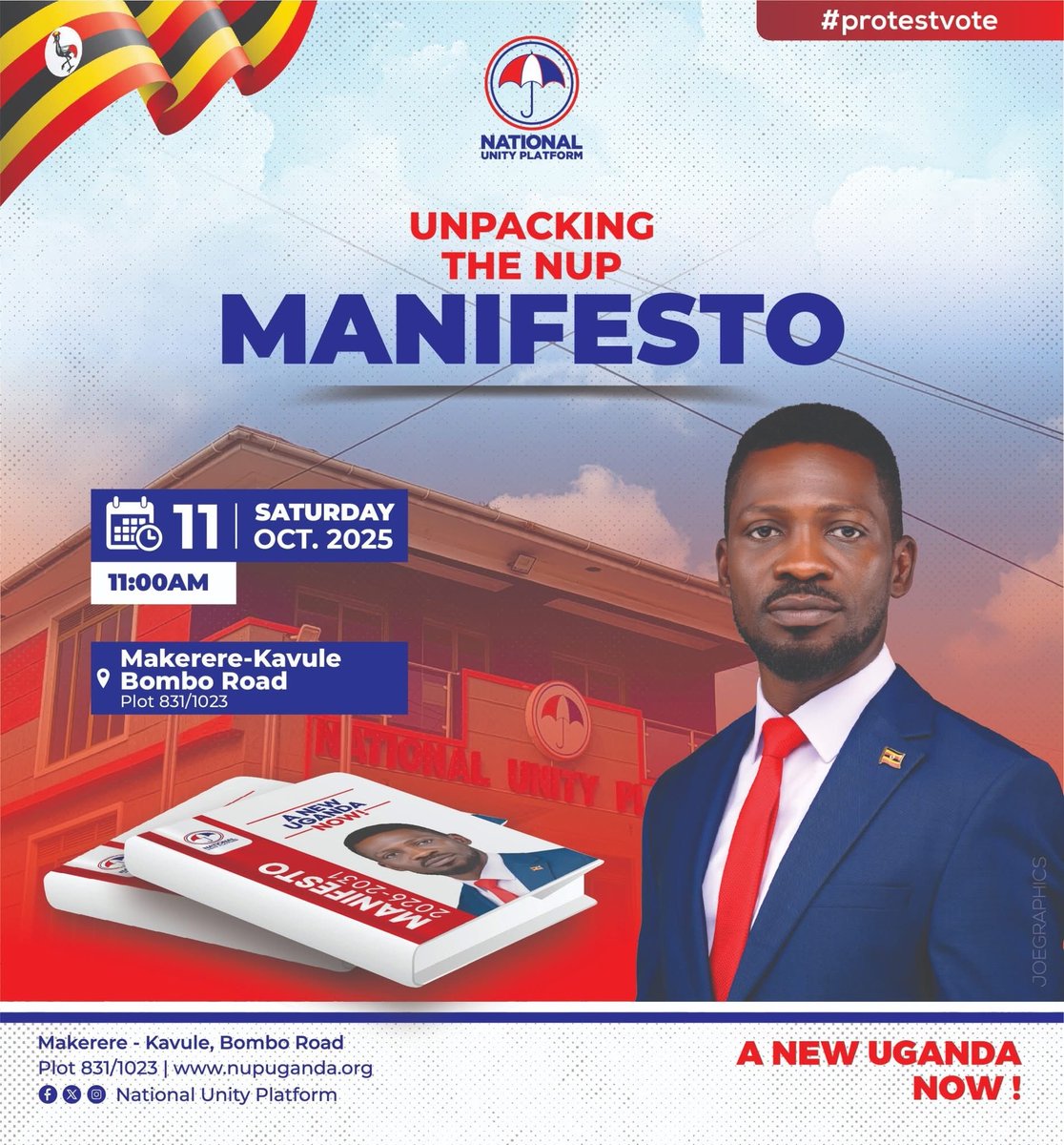 Join us tomorrow at the National Unity Platform Headquarters, as we unpack the <a href="/NUP_Ug/">National Unity Platform</a> Manifesto, 2026 - 2031. We shall go into the details of our plans and promise for a New Uganda which works for the citizens. #FreeUgandaNow 
#ANewUgandaNow 
#PeoplePowerOurPower