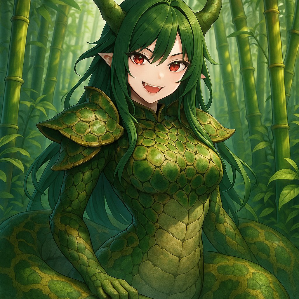 AnimeGirlADay's tweet photo. Meet Bashen, the embodiment of the "Bashe" concept.
She is a giant snake. Bashen has a huge appetite, and it’s easy to imagine her using her massive body to slowly coil around an elephant and crush it, savoring the taste of its flesh.
#bashe #animegirl #anime #AI #AIart https://t.co/OMRlVtsFFY