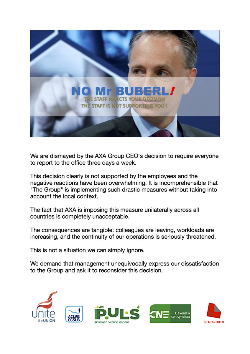 Standing alongside our Belgian colleagues against <a href="/AXA/">AXA</a> Group's decision to make everyone work three days in the office...  
axa-unite.org/2025/10/no-mr-…