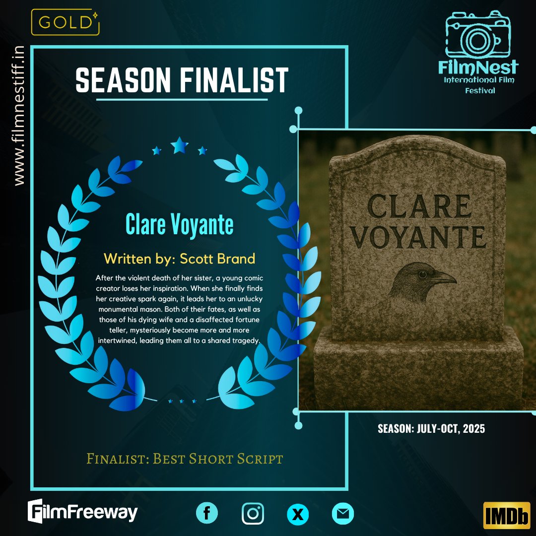 FilmnestF's tweet image. Congratulations to the writer Scott Brand on his incredible achievement. We wish you continued success in your future endeavours.
#ClareVoyante #ShortScript #finalist #FilmNest