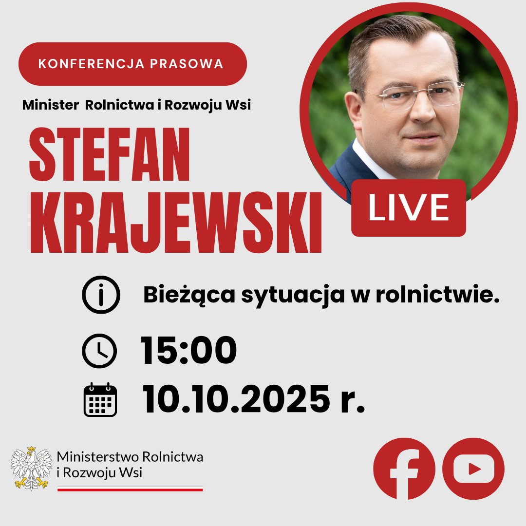 MRiRW_GOV_PL's tweet image. 🌾 Konferencja prasowa ministra Stefana Krajewskiego

Już dziś, 10 października o godz. 15:00, w Nowej Soli (Nadodrzański Dwór) minister rolnictwa @StefanKrajewski  spotka się z mediami, by omówić bieżącą sytuację w rolnictwie.

📍 Nowa Sól, aleja Wolności 8
🗓️ Piątek, godz.…