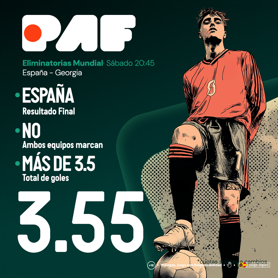 #CopaMundialFIFA

Hoy 20:45
España - Georgia
Crea tu apuesta:

España - gana
No -  marcaran ambos equipos
Más de 3.5 goles

Cuota: 3.55

🔗paf.es/apuestas#/even…

#Apuestas #JuegoResponsable +18