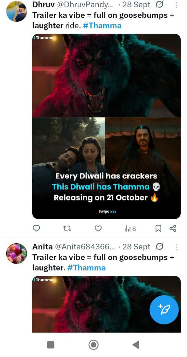 Filmyscoopss's tweet image. This is absolutely BRAZEN from @MaddockFilms. At least hire a better PR agency for PAID tweets.
So many handles are tweeting SAME stuff for the #ThammaTrailer. This is a CLEAR sign that #DineshVijan & #MaddockFilms are NOT confident about their movie.
#Thamma will take a…