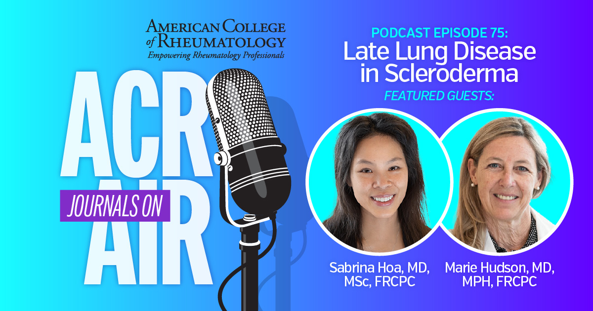 ACRheum's tweet image. New data suggest #ILD can develop well beyond the early years of #scleroderma. Drs. Marie Hudson &amp;amp; Sabrina Hoa talk about their findings, clinical implications, &amp;amp; why trial criteria may need to change. LISTEN NOW → acr.tw/4mAoxJ6 @ACR_Journals