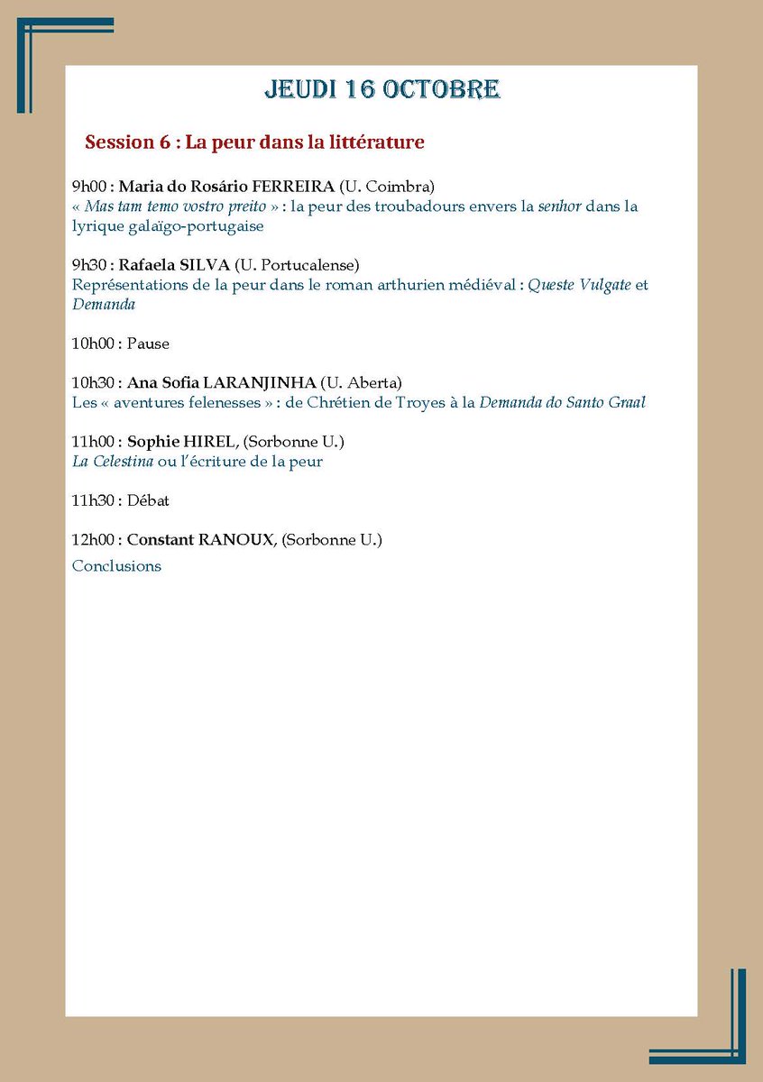 Los días 14-16 de octubre nuestro compañero Fernando Luis Corral participa en el congreso "Mots et images de la peur dans la peninsule Ibérique médiéval", en Arras. Aquí tenéis el programa 👇👇👇👇👇