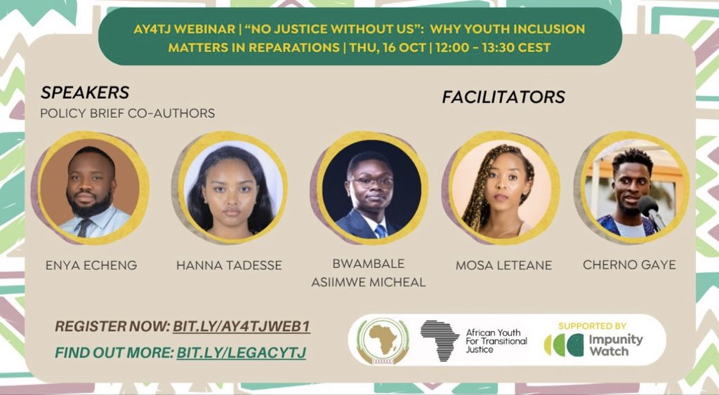 hannatadesse8's tweet image. Join us as we dive deeper into the themes and recommendations of our policy brief.

Thursday, 16 October, 2025
13:00 - 14:30 EAT
Register to join us: bit.ly/AY4TJWeb1 

#AfricanUnion #AY4TJ #TransitionalJustice #Youthinclusion #AUTJP @AU_AY4TJ @MicBwambale @enyaeworo