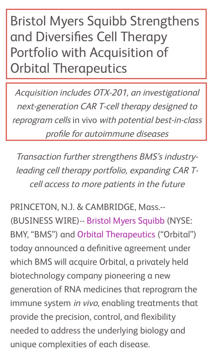 yaireinhorn's tweet image. 1/🚨WOW! Huge acquisition in the Cell Therapy space with the acquisition of Orbital Therapeutics by $BMY for $1.5B!! 

The acquisition includes Orbital’s leading RNA immunotherapy preclinical candidate - OTX-201, which comprises an optimized circular RNA encoding a CD19-targeted…