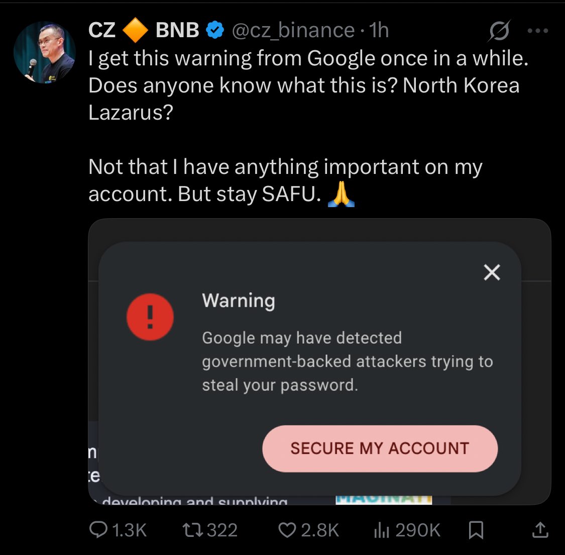 This kind of pop up comes from google to selected individuals they know attackers chase their accounts and activities online on a daily basis. (Crypto billionaires, activists, politicians, etc) 

At the same time these can be used by another fake phishing site by mimicking the