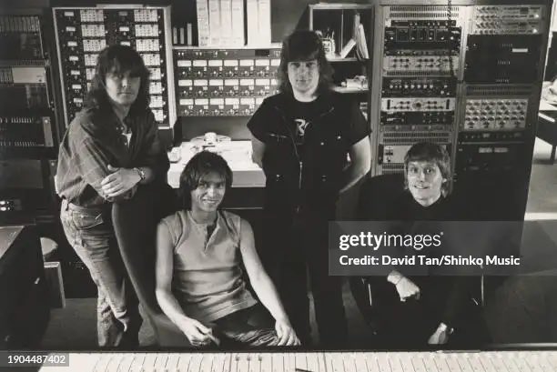 Group portrait of progressive rock group Asia, portrait at Le Studio in Quebec, Canada during recording session of their second album 'Alpha', April 1983. John Wetton, Steve Howe, Geoff Downes, Carl Palmer. (Photo by David Tan/Shinko Music/Getty Images) #JohnWetton