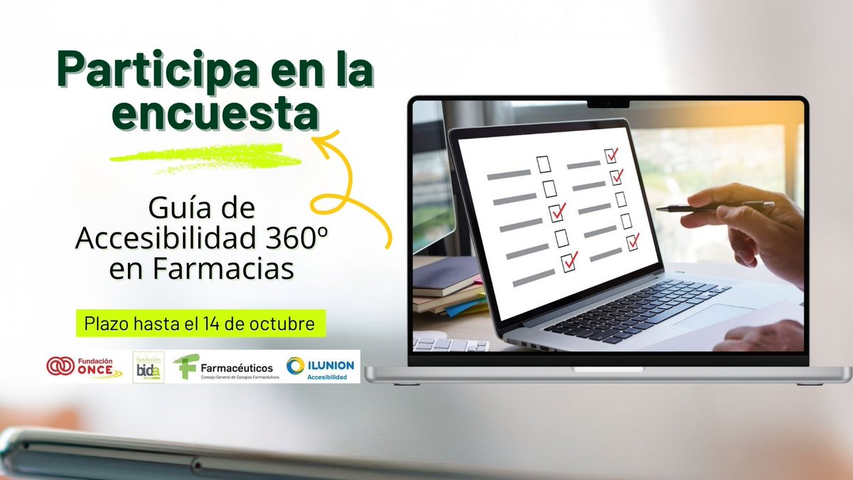 #Encuesta 👉Desde <a href="/ILUNION/">ILUNION</a>, junto a <a href="/Fundacion_ONCE/">Fundación ONCE</a> , <a href="/FundBidafarma/">Fundación Bidafarma</a>  y <a href="/Farmaceuticos_/">Consejo General Colegios Farmacéuticos</a> , están trabajando en un Manual 📒de Accesibilidad Universal y Atención 360º en #Farmacias.
👉 Participa en la encuesta y para construir farmacias más inclusivas. 
📝bit.ly/3WuCrSz