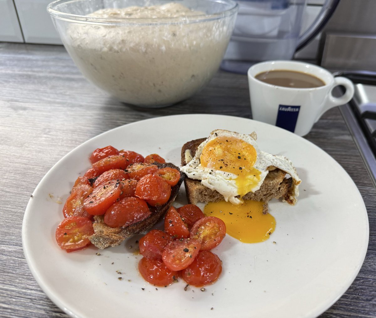 Brunchetty Brunch 

Sourdough’s had 12 hours BF at room temp

Needs knocking back and shaping then in the proofing basket for 24 hrs fridge (bulk fermentation)