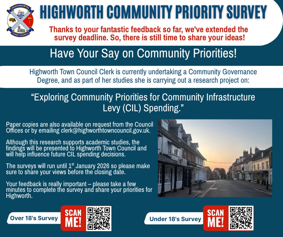 Two surveys have been created: Click the links below or scan the QR code
📷 Over 18s Survey 📷 forms.office.com/e/in0fVL8wTs
📷 Under 18s Survey 📷 forms.office.com/e/hgiTFUVvqM
📷 Paper copies are also available on request by emailing clerk@highworthtowncouncil.gov.uk.
