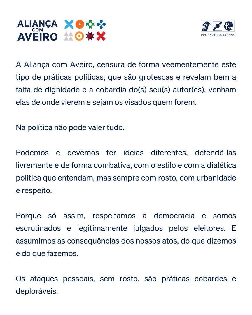 maisaveiro's tweet photo. A Aliança Com Aveiro repudia, de forma veemente, os ataques pessoais e anónimos dirigidos aos nossos candidatos.

Continuaremos a fazer campanha de frente levantada, com trabalho, com verdade e sempre com respeito pelas pessoas e pela democracia. 💙 https://t.co/L6vAEBVTkP