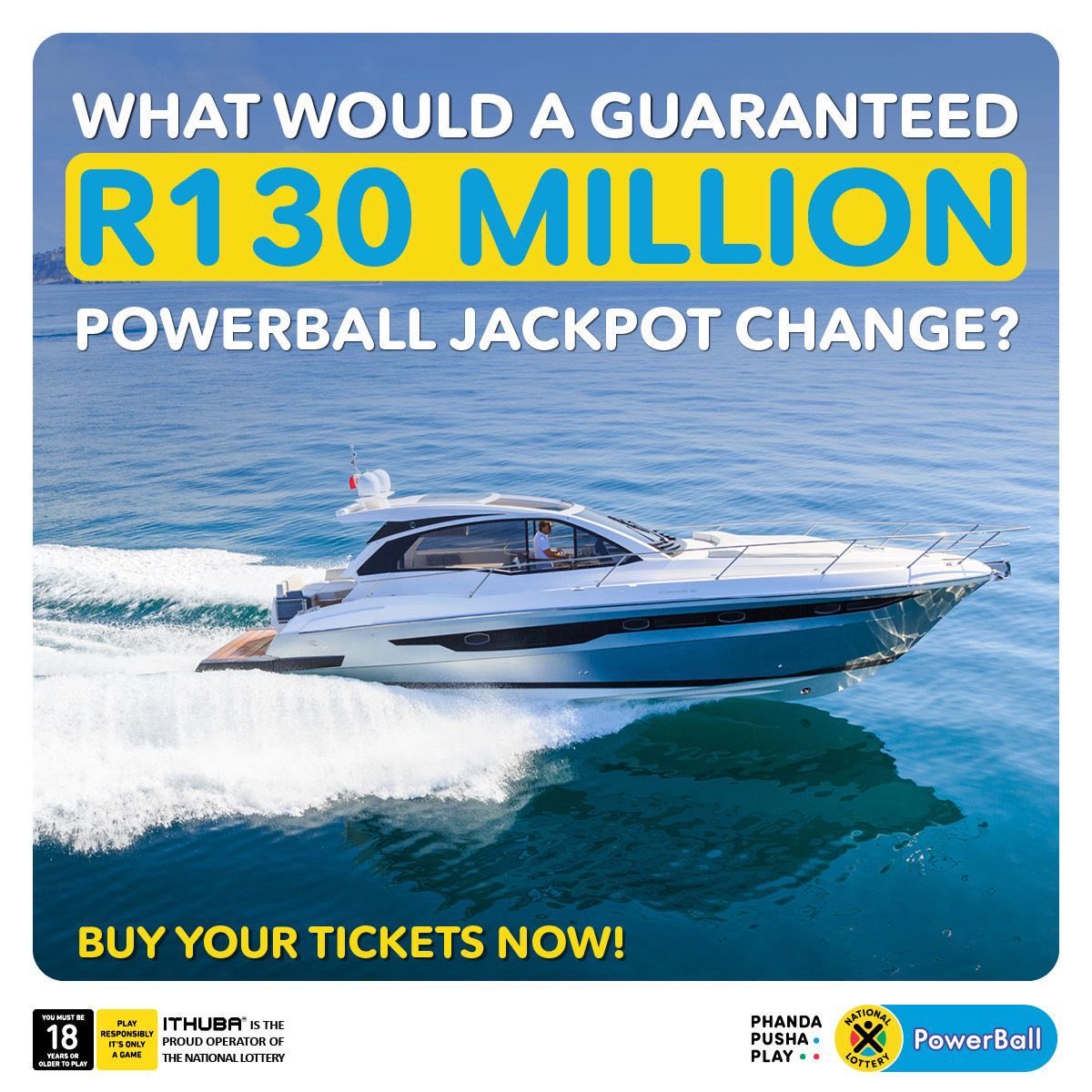 One ticket can change it ALL 🗣️, today you could be R130 Million richer and #ThatWouldChangeEverything👏 

So BUY your ticket right NOW instore, on nationallottery.co.za, your banking app, or
dial *120*7529# for USSD.
#PowerBallR130M #ad