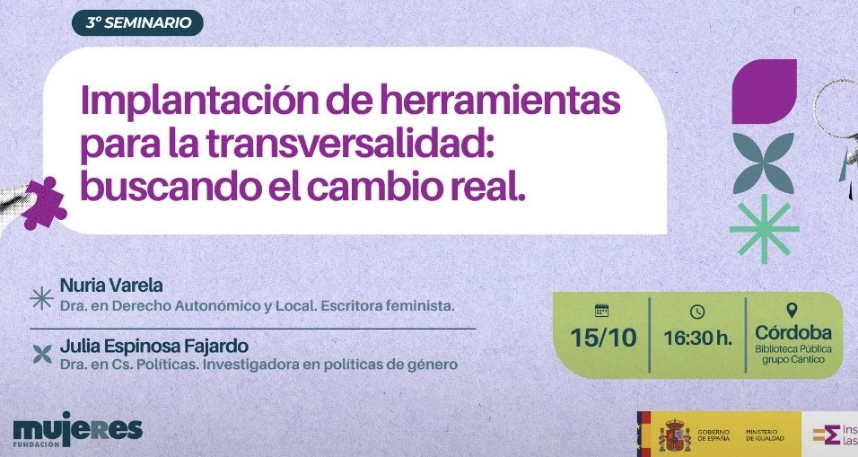 El miércoles 15, nos encontramos en #Córdoba con <a href="/espinosa_julia/">Julia Espinosa Fajardo</a> en el 3º seminario de <a href="/fmujeres/">Fundación Mujeres</a>  para seguir trabajando sobre las políticas públicas de Igualdad