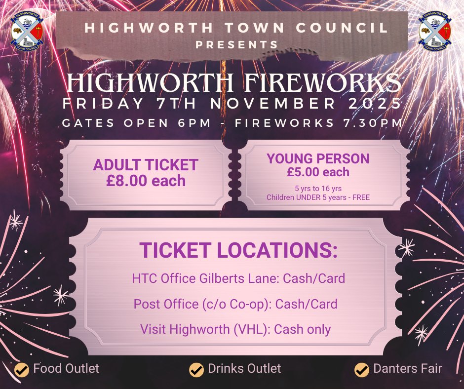 📷 Just ONE Week to Go! 📷
Our Annual Fireworks Spectacular is nearly here - and it’s a TICKET-ONLY event, so don’t miss out!
📷 Tickets are selling fast 
•  Adults: £8.00
•  Young People (5–16 years): £5.00
•  Under 5s: FREE
📷 Food &amp; drink outlets
📷 Danters funfair