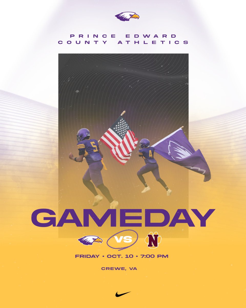 🏈 It’s GAMEDAY for the Eagles!
Your #PrinceEdward Varsity Football team travels to Nottoway HS — kickoff at 7 PM!
Let’s bring the Purple &amp; Gold energy, Eagle Nation! 💜💛🦅
#GoEagles #EaglePride #EagleNation #EaglesRising #FridayNightLights #PurpleAndGold #Football