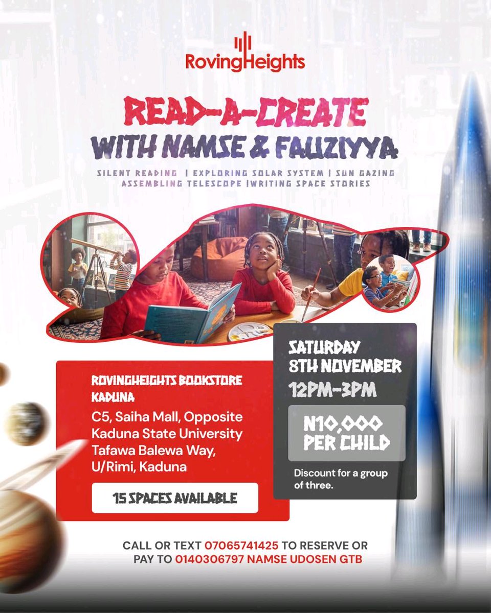 namse's tweet image. Ready for an adventure among the stars? 🌟 Join us for "Read-A-Create with Namse &amp;amp; Fauziyya" this Sat, Nov 8th, 12PM-3PM at Kaduna's RovingHeights! Explore, create, and discover. Limited spots available! 🚀 #SpaceFun #ReadingJourney