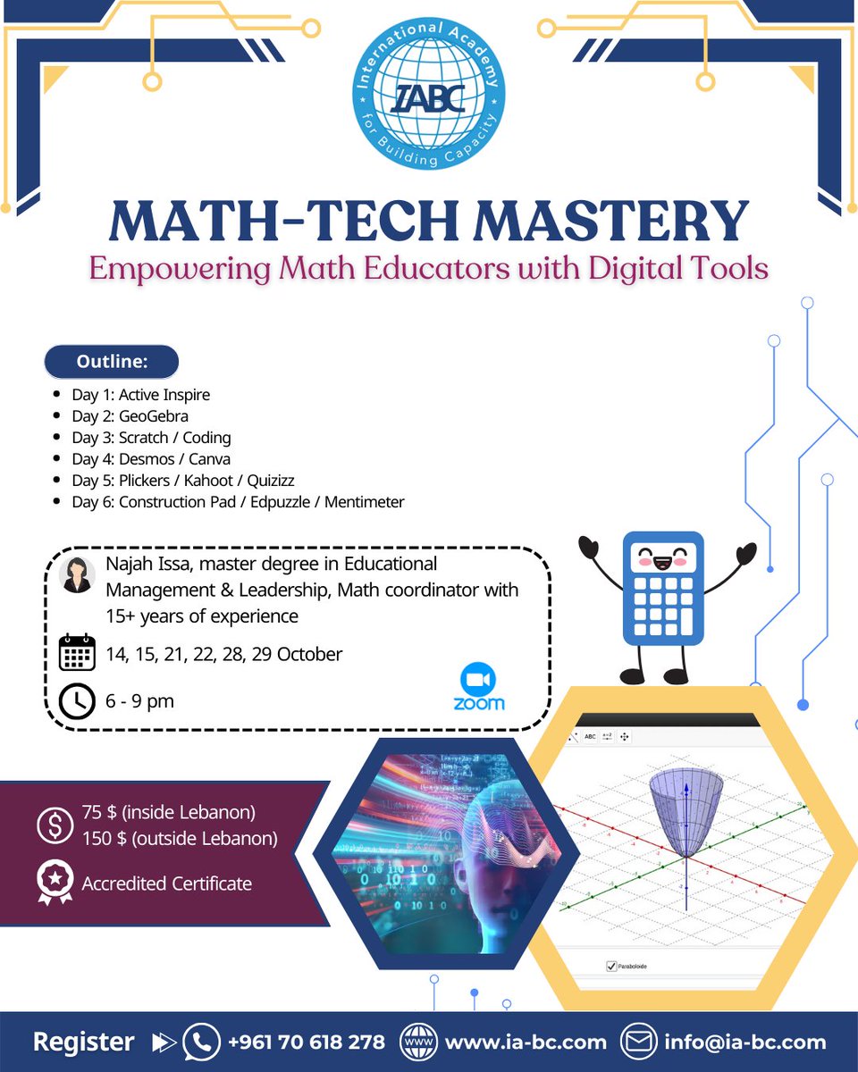 IABCMedia's tweet image. 📊بتعلّم رياضيات؟
خلّي صفّك تفاعلي وممتع مع Math Tech Mastery بتعرّفك على أقوى أدوات التدريس
🎓شهادة معتمدة🖥️أونلاين
🔗forms.gle/8D61YMRRPNjuDq…
📞+96170618278
#MathTech #رياضيات #EdTech #IABC #معلمي_الرياضيات #GeoGebra #Scratch #الأكاديمية_الدولية_لبناء_القدرات