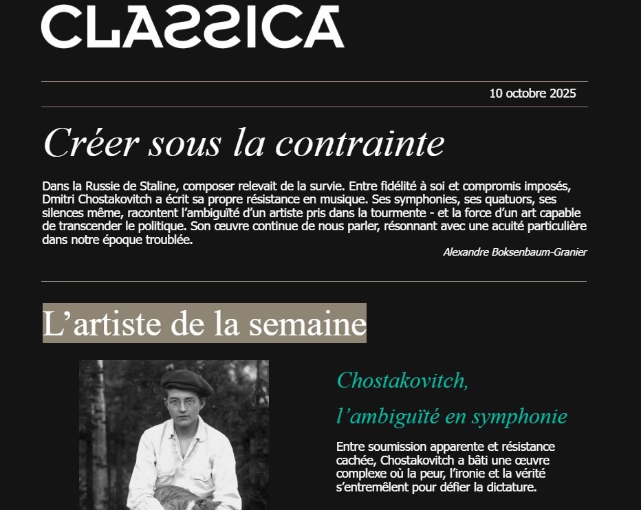 > 🎼 Composer pour survivre.
Dans la Russie de Staline, composer relevait de l’équilibrisme — entre fidélité à soi et compromission forcée. Dmitri Chostakovitch a transformé cette tension en art.