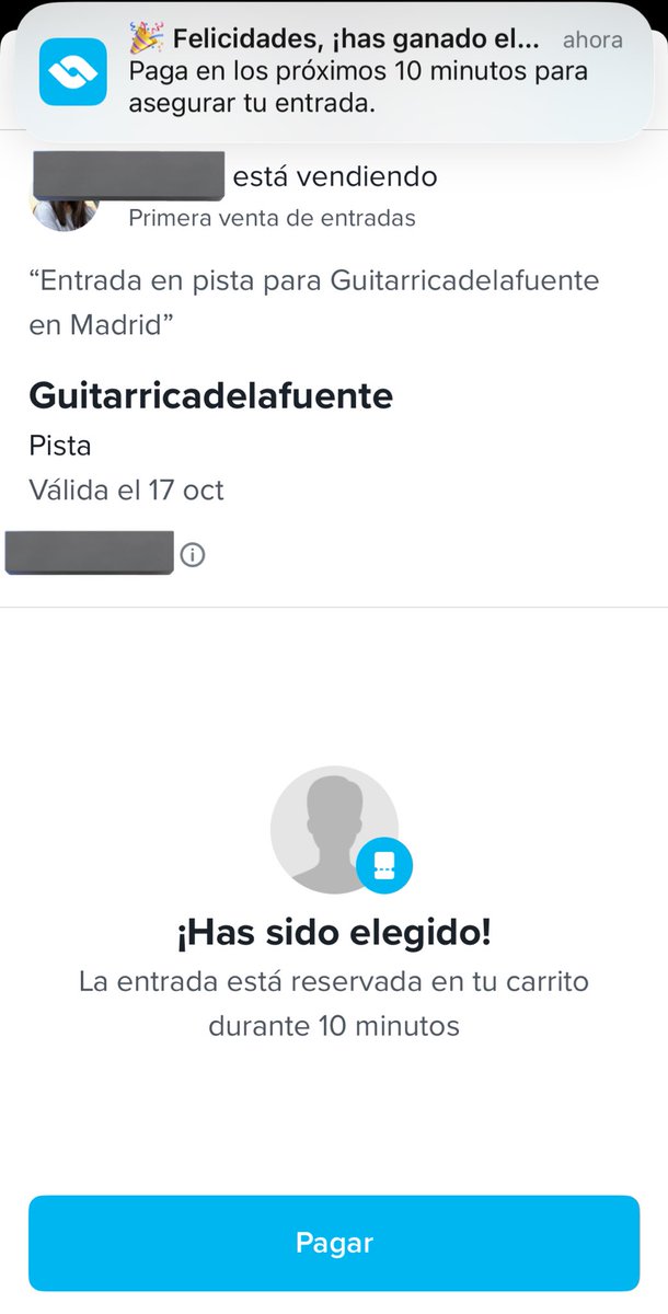 Que me ha tocado en un sorteo el poder comprar una entrada, que ni siquiera es para mí porque yo ya tengo una pero bueno, que nunca me ha tocado nada y una posibilidad de 1 entre 674 es fuertecito.