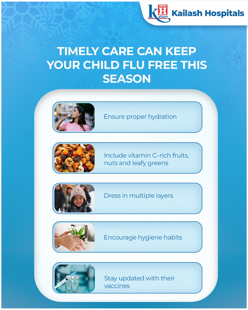 KailashHealth's tweet photo. Cold weather calls for extra protection for children!  Let's keep them safe from the flu this winter.

Remember these essentials: hydration, nutrition, warm clothes, hygiene, and vaccines.

#WinterReady #KidsCare #FluFree #KailashHospitals #HealthForKids #Parenting https://t.co/IDyj4jLZoq