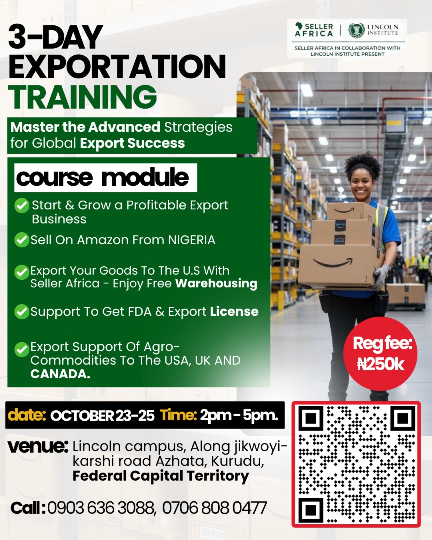 sellerafrica's tweet photo. Ready to go global? 
Join our 3-Day Exportation Training &amp; learn how to start, grow &amp; scale your export business, sell on Amazon from 🇳🇬, get FDA/export licenses &amp; ship to the USA, UK &amp; Canada!

📅 Oct 23–25 | 🕒 2–5PM

#SellerAfrica #ExportTraining #viral #Giants #Gaza #Israel https://t.co/bILoLYexw7